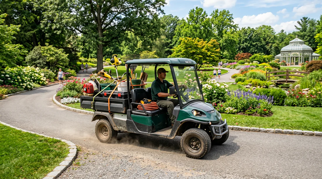 Golfette utilitaire Melex en service dans un parc paysager
