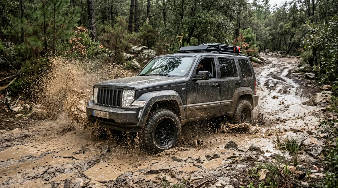 Jeep Cherokee KK franchissant une flaque de boue en tout-terrain