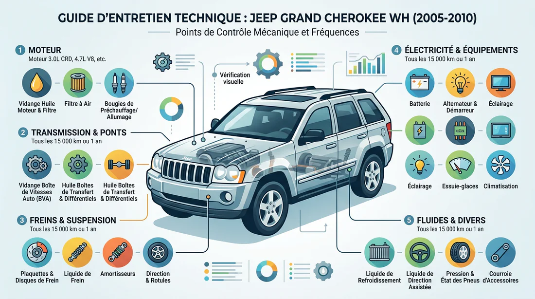 Infographie du guide d entretien et des points de contrôle du Jeep Grand Cherokee WH