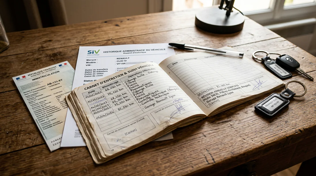 Documents d'historique du véhicule et carnet d'entretien pour vérifier le kilométrage