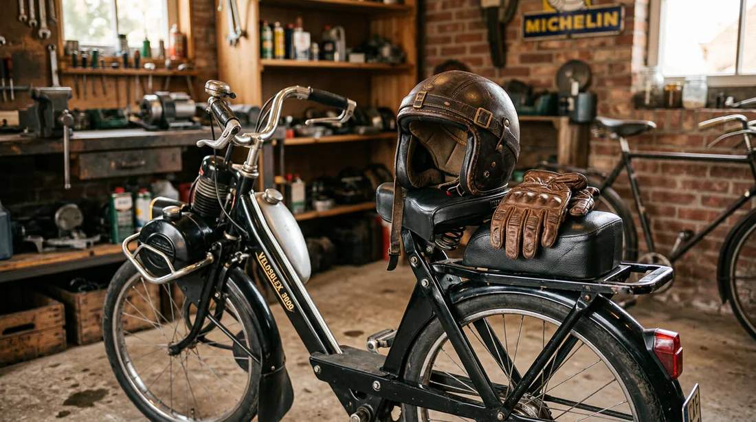 Casque vintage et équipements posés sur un Solex 3800