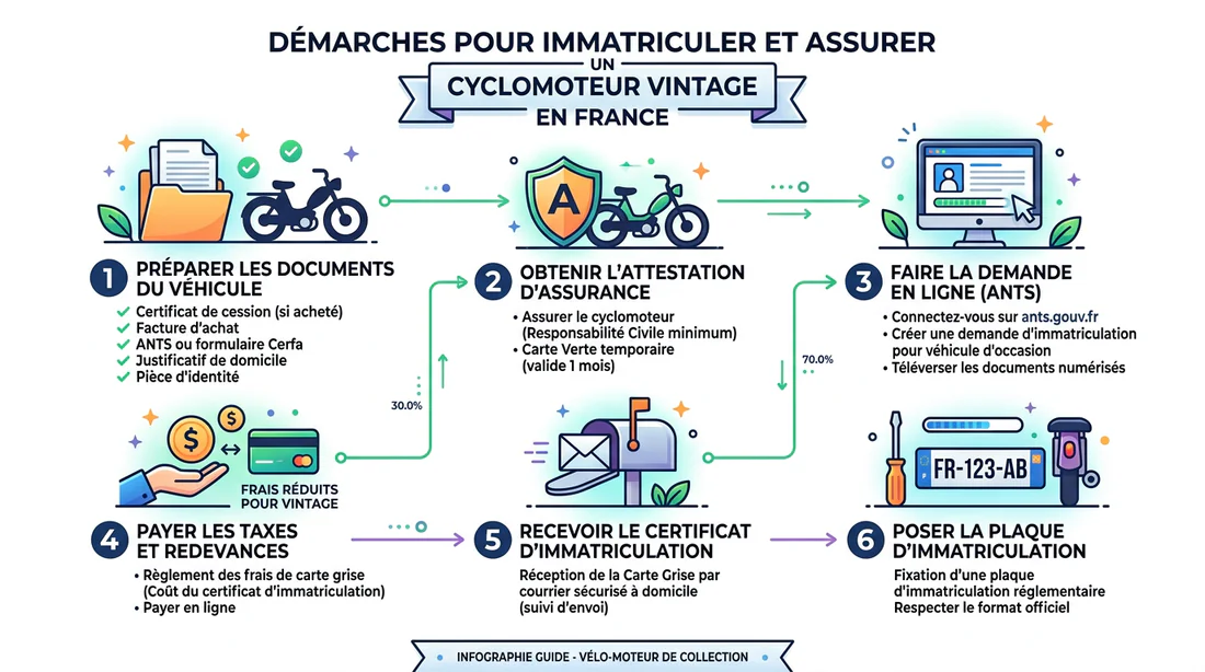 Infographie résumant les démarches pour immatriculer et assurer un Solex