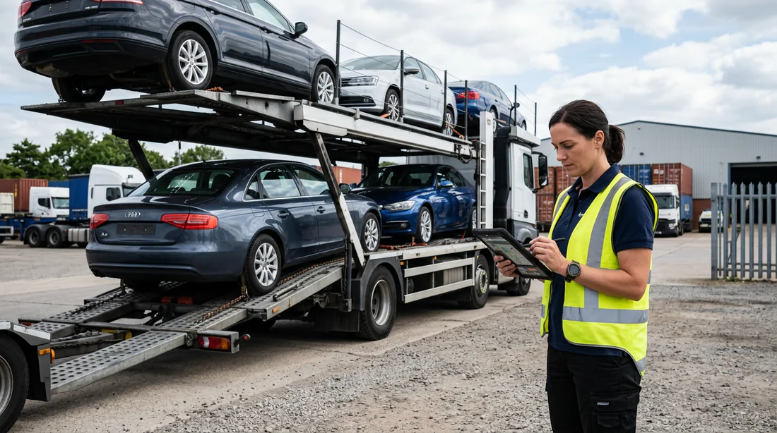Gestionnaire logistique vérifiant le chargement d'un camion porte-voitures