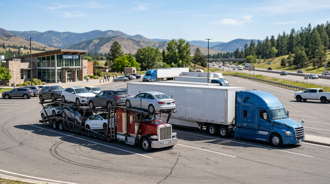 Camion porte-voitures ouvert à côté d'un camion de transport fermé
