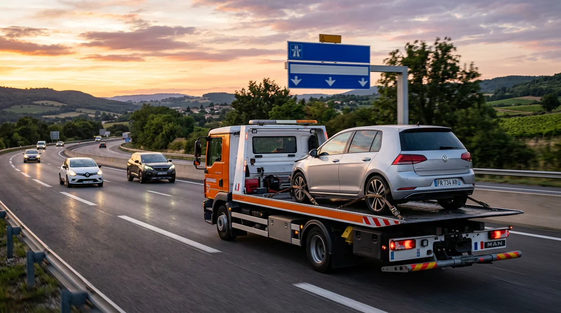 Transport d'un véhicule en toute sécurité sur un camion dépanneuse plateau