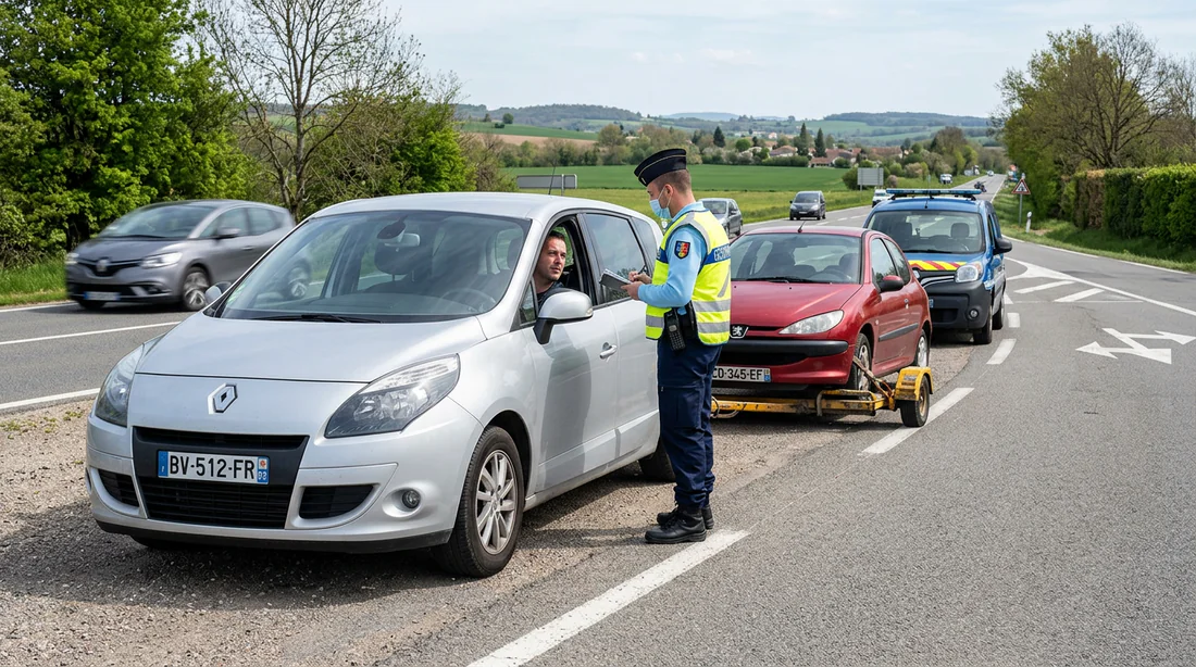 Contrôle routier d'une voiture tractant un dolly de remorquage non conforme