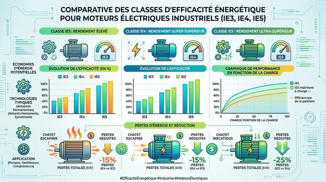 Infographie comparative des classes d'efficacité énergétique IE3, IE4 et IE5 des moteurs électriques.
