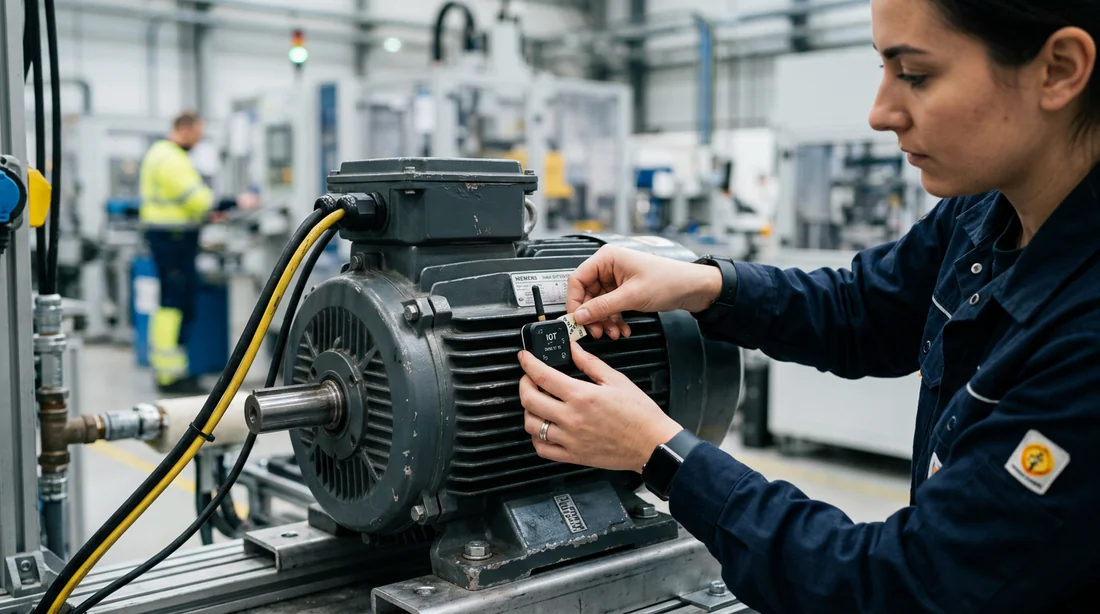 Ingénieur installant des capteurs IoT sur un moteur électrique industriel.