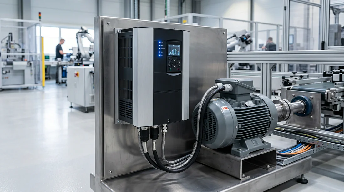 Variateur de vitesse connecté à un moteur électrique dans une usine moderne.