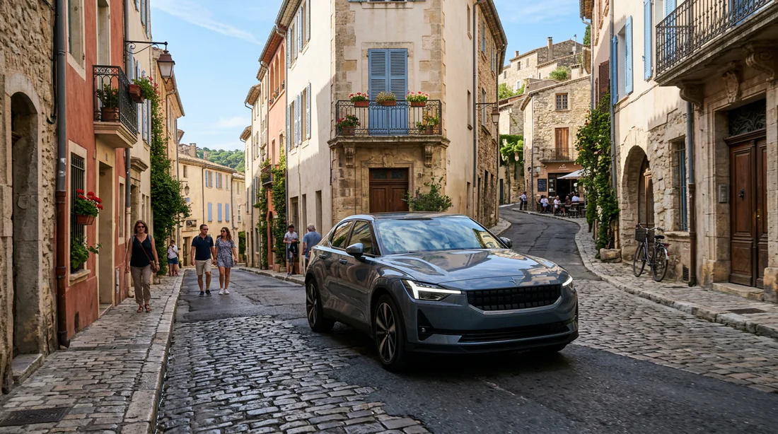 Petite voiture citadine circulant dans une rue étroite